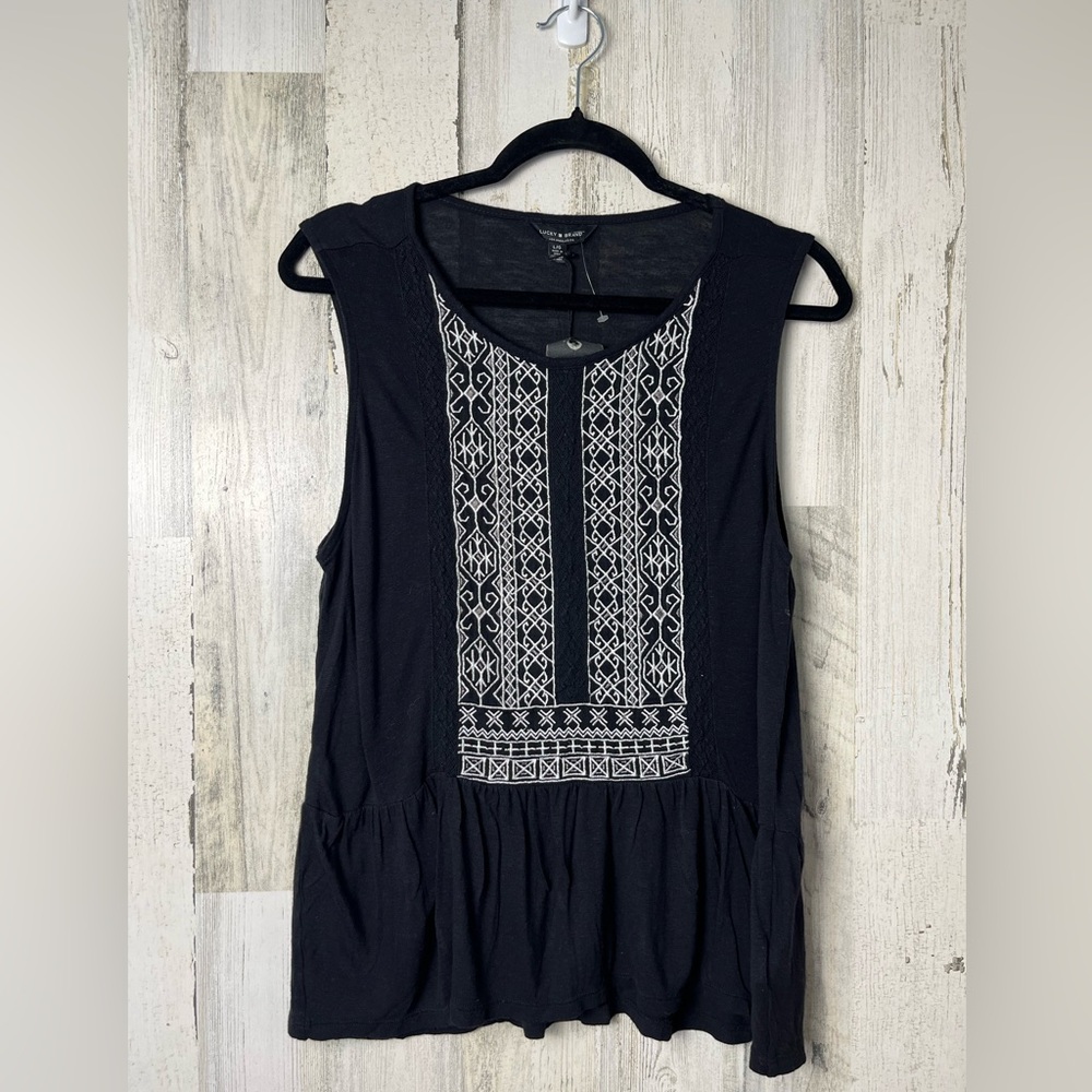 Lucky Brand Black Sleeveless Blouse with White Embroidery